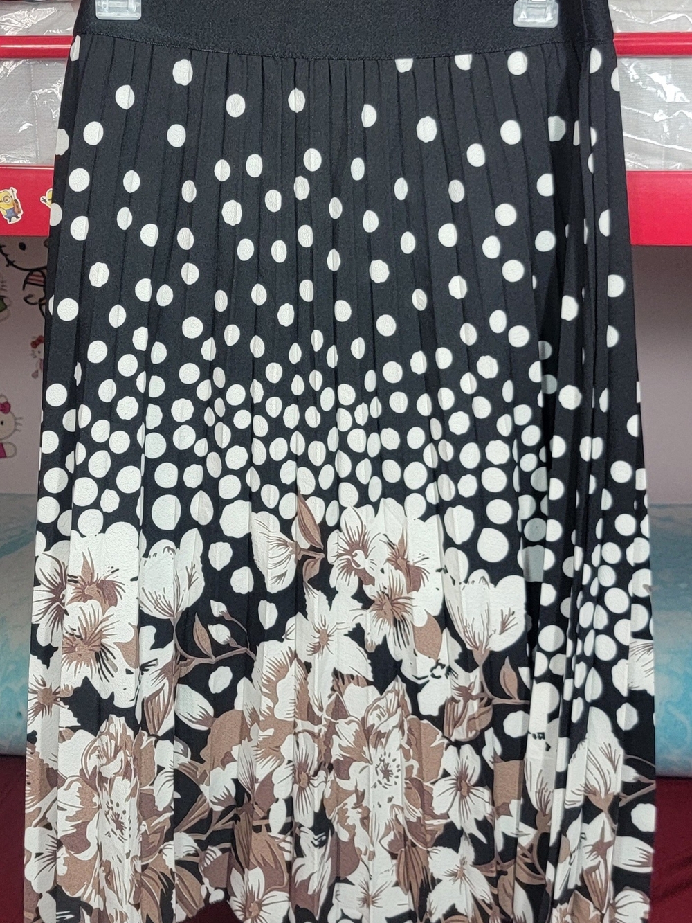 Metro Wear Black Polka Dot Midi Skirt with Brown Floral Border